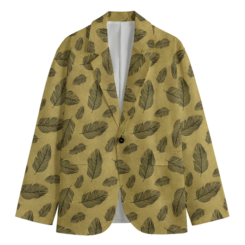 Black And Gold Feather Pattern Print Men's Cotton Blazer