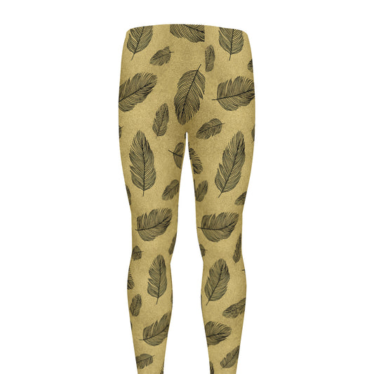 Black And Gold Feather Pattern Print Men's leggings