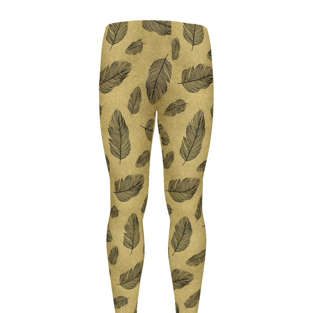 Black And Gold Feather Pattern Print Men's leggings