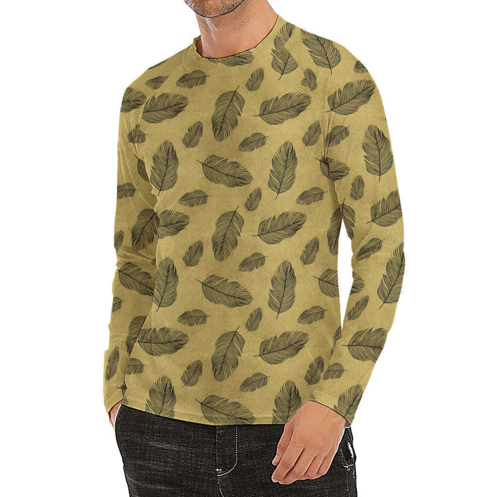 Black And Gold Feather Pattern Print Men's Long Sleeve Rash Guard