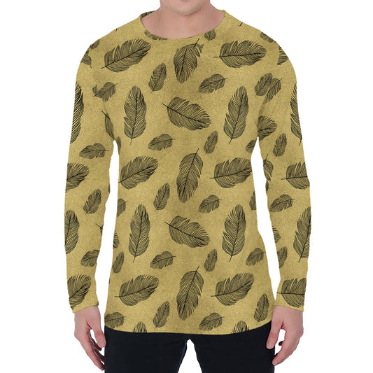 Black And Gold Feather Pattern Print Men's Long Sleeve T-Shirt