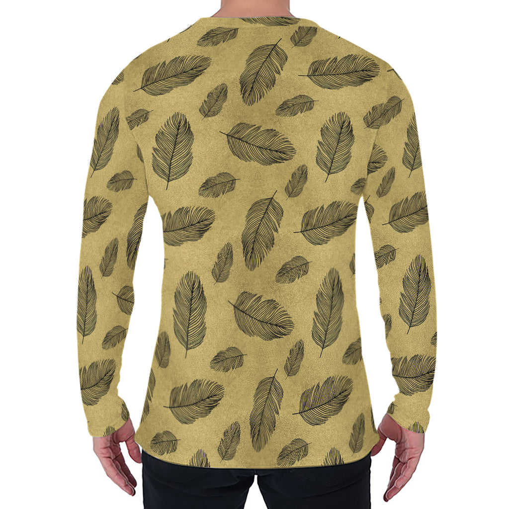 Black And Gold Feather Pattern Print Men's Long Sleeve T-Shirt