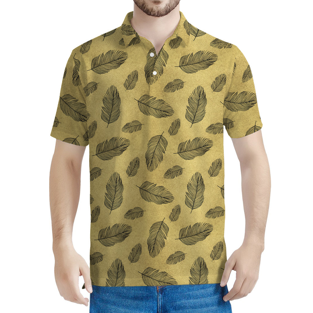 Black And Gold Feather Pattern Print Men's Polo Shirt