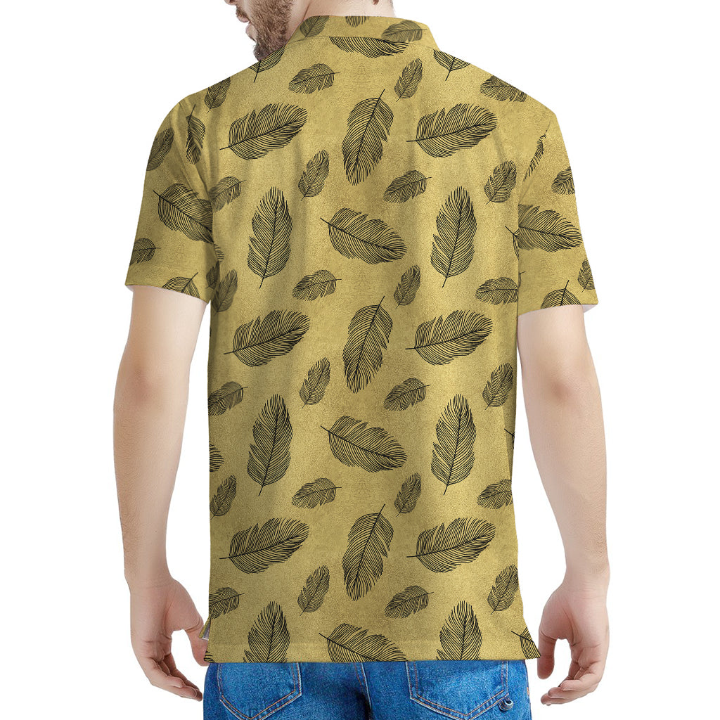 Black And Gold Feather Pattern Print Men's Polo Shirt