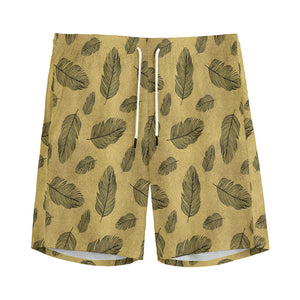 Black And Gold Feather Pattern Print Men's Sports Shorts