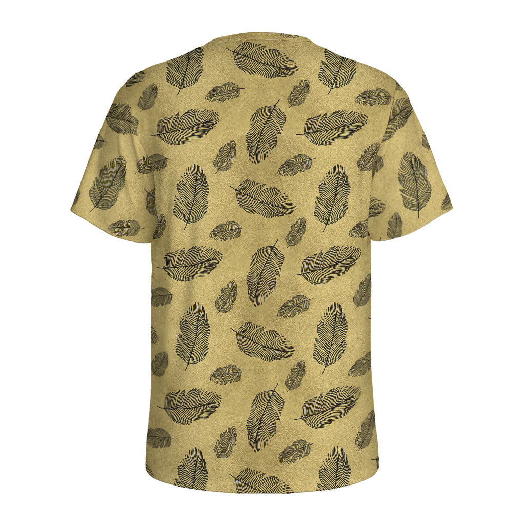 Black And Gold Feather Pattern Print Men's Sports T-Shirt