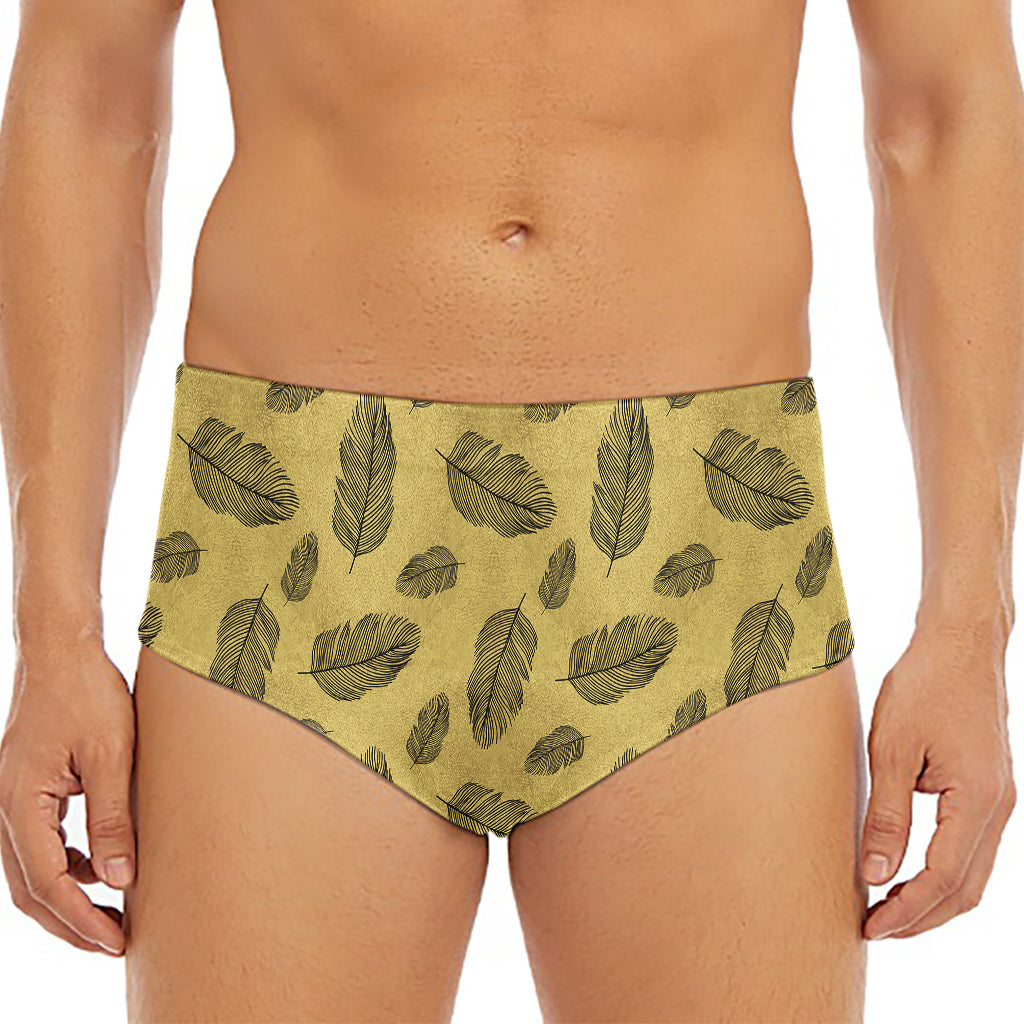 Black And Gold Feather Pattern Print Men's Triangle Swim Briefs