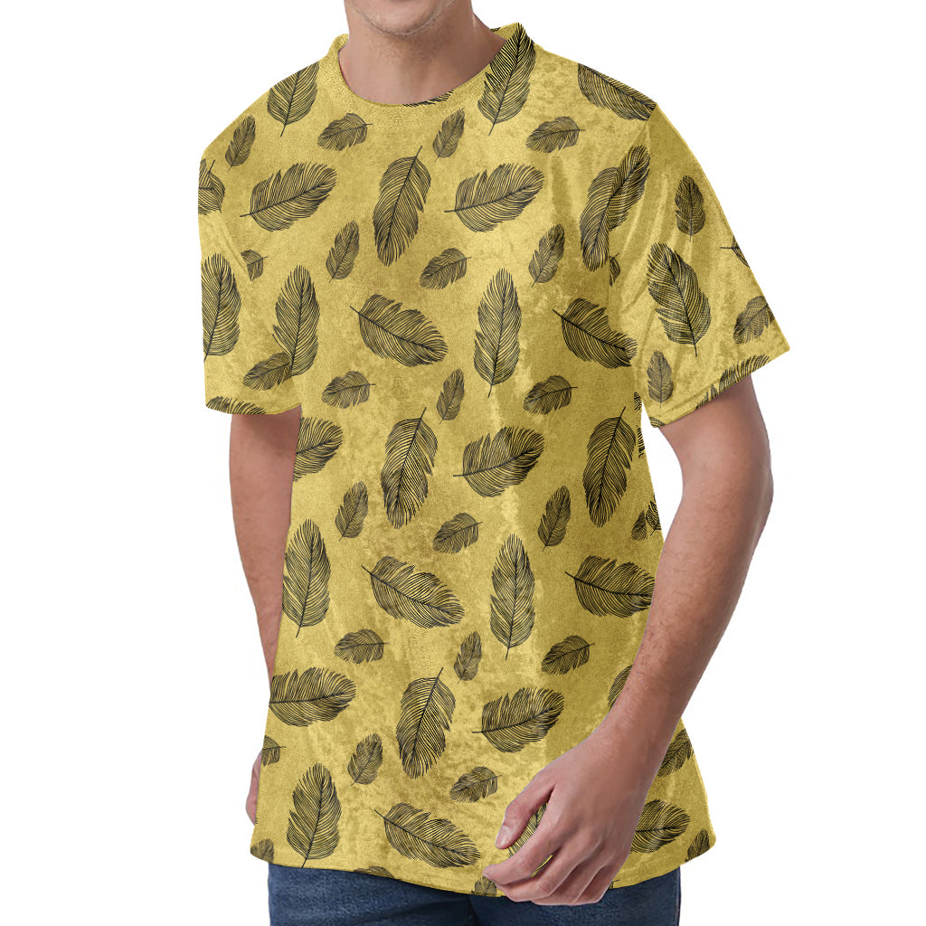 Black And Gold Feather Pattern Print Men's Velvet T-Shirt