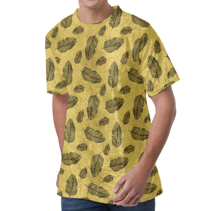 Black And Gold Feather Pattern Print Men's Velvet T-Shirt