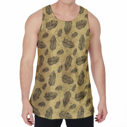 Black And Gold Feather Pattern Print Men's Velvet Tank Top