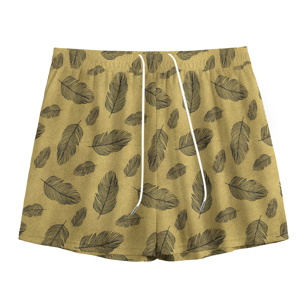 Black And Gold Feather Pattern Print Mesh Shorts