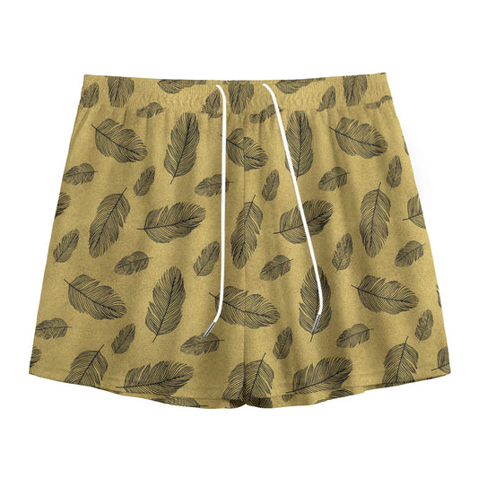 Black And Gold Feather Pattern Print Mesh Shorts