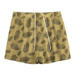 Black And Gold Feather Pattern Print Mesh Shorts