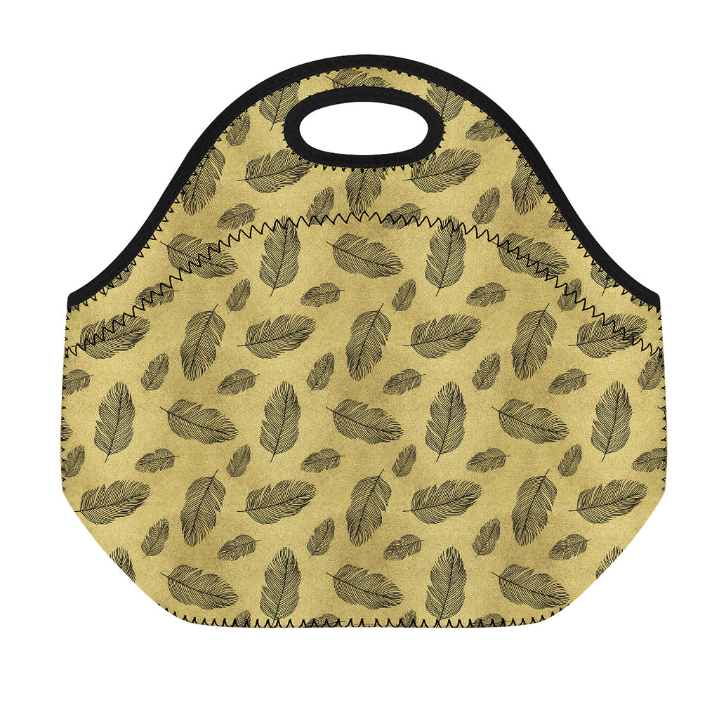 Black And Gold Feather Pattern Print Neoprene Lunch Bag