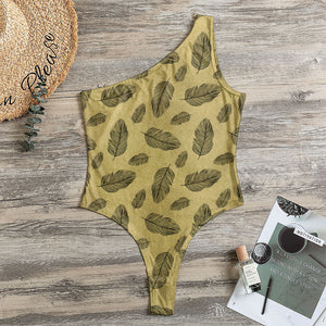 Black And Gold Feather Pattern Print One Shoulder Bodysuit