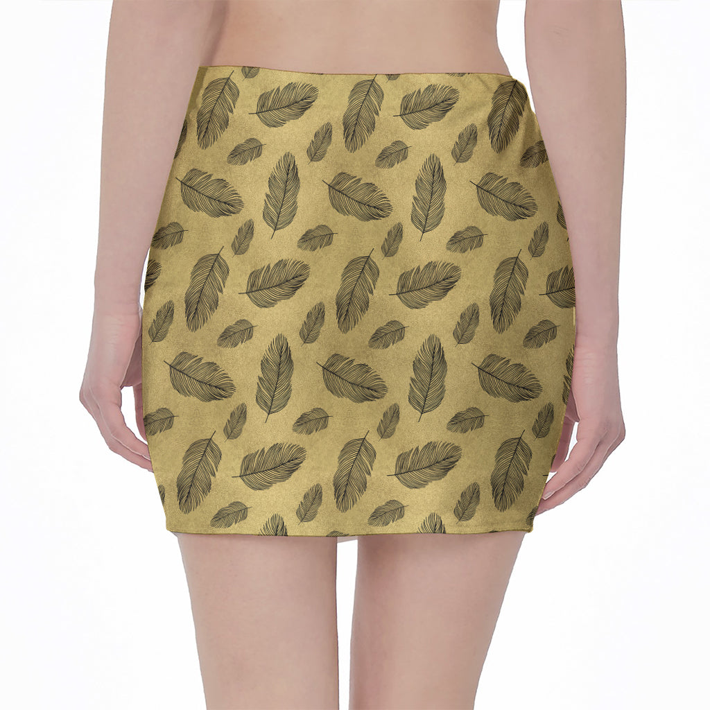 Black And Gold Feather Pattern Print Pencil Mini Skirt