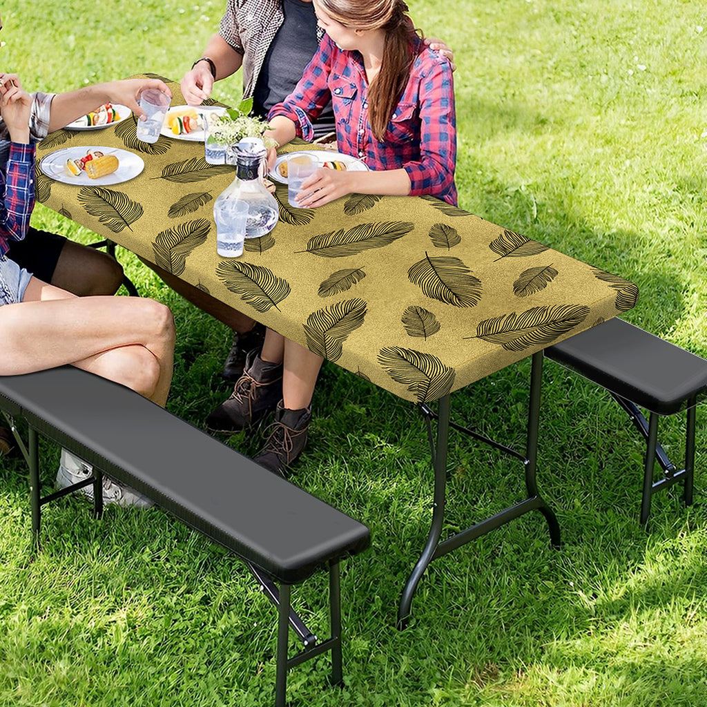 Black And Gold Feather Pattern Print Picnic Table Cover