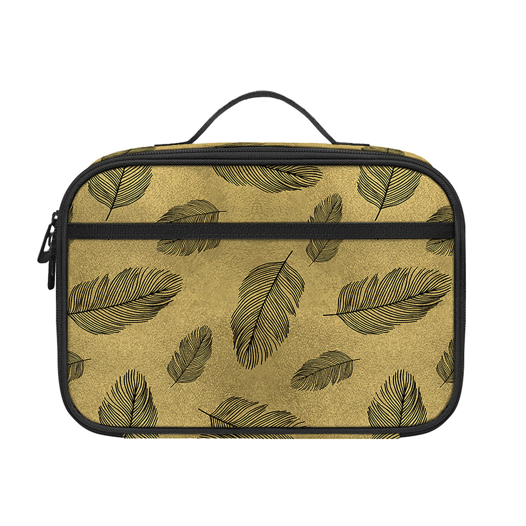 Black And Gold Feather Pattern Print Portable Lunch Bag