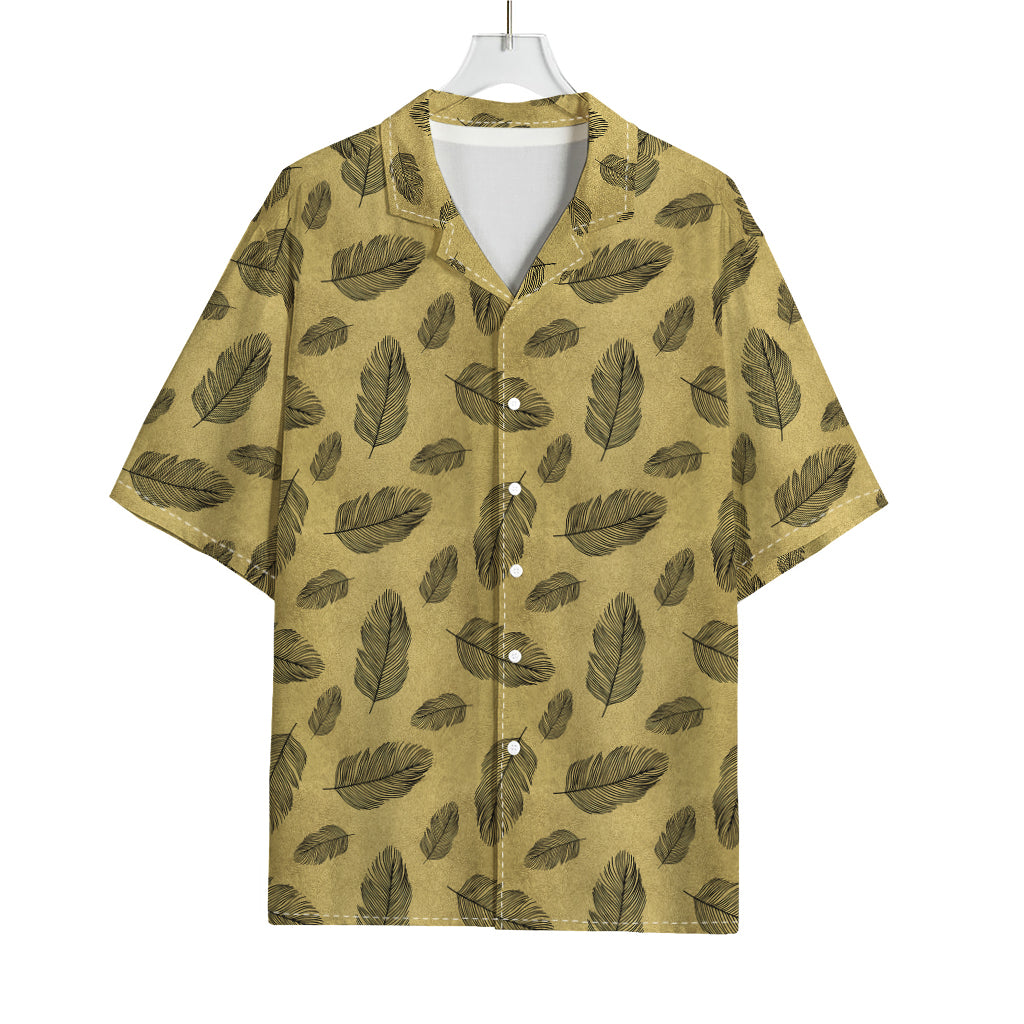 Black And Gold Feather Pattern Print Rayon Hawaiian Shirt