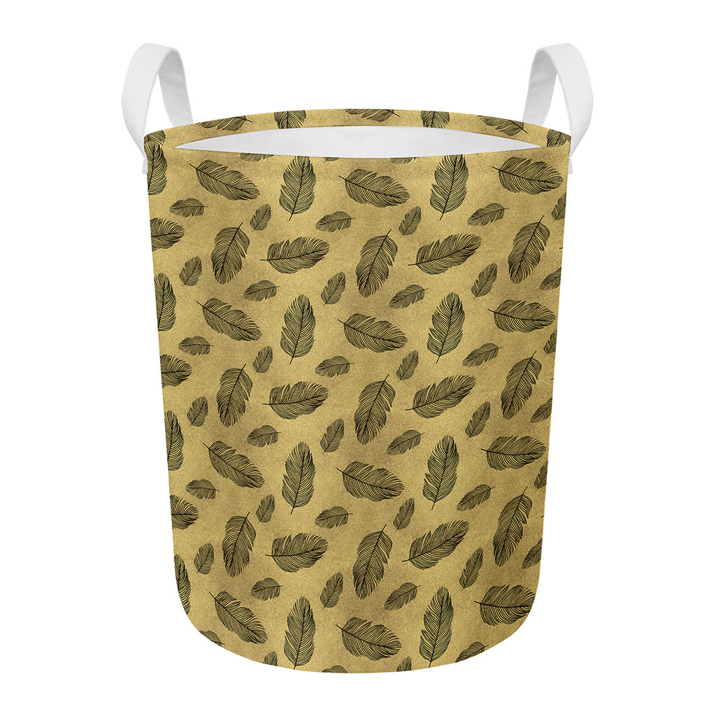 Black And Gold Feather Pattern Print Round Laundry Basket