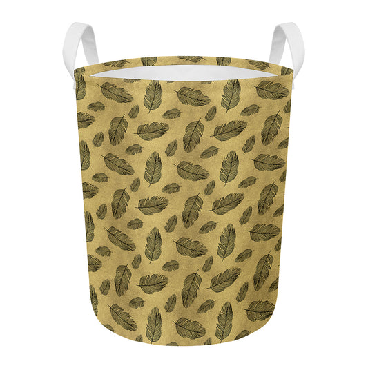 Black And Gold Feather Pattern Print Round Laundry Basket