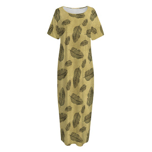 Black And Gold Feather Pattern Print Short Sleeve Long Nightdress