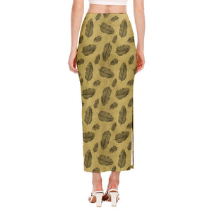 Black And Gold Feather Pattern Print Side Slit Maxi Skirt