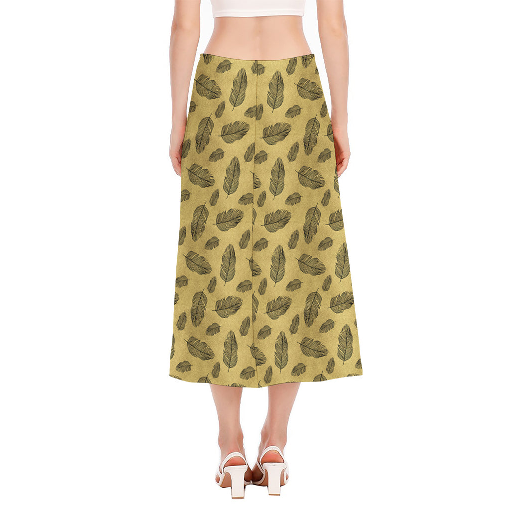 Black And Gold Feather Pattern Print Side Slit Midi Skirt