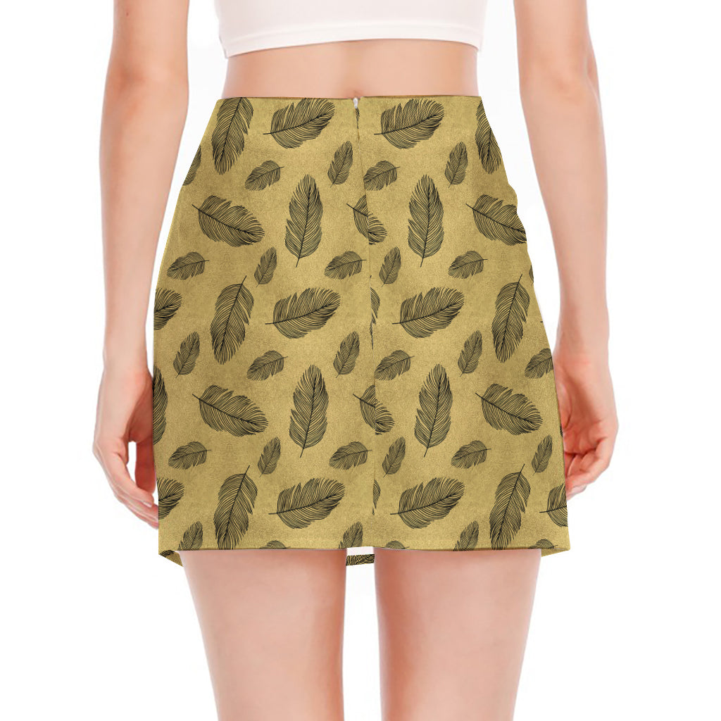 Black And Gold Feather Pattern Print Side Slit Mini Skirt