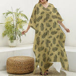 Black And Gold Feather Pattern Print Silk V-Neck Kaftan Dress