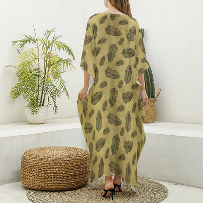 Black And Gold Feather Pattern Print Silk V-Neck Kaftan Dress