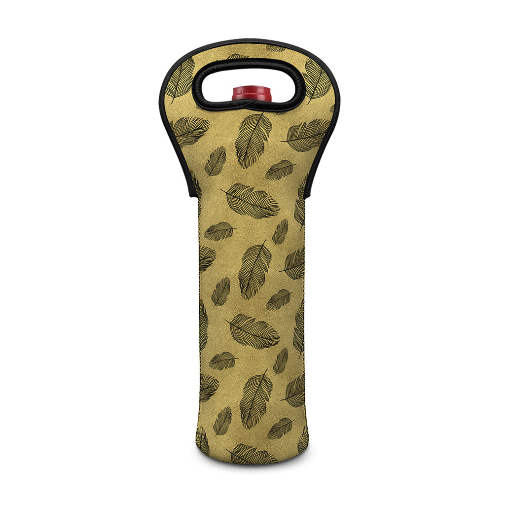 Black And Gold Feather Pattern Print Single Neoprene Wine Tote