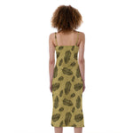 Black And Gold Feather Pattern Print Slim Fit Midi Cami Dress