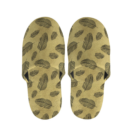 Black And Gold Feather Pattern Print Slippers
