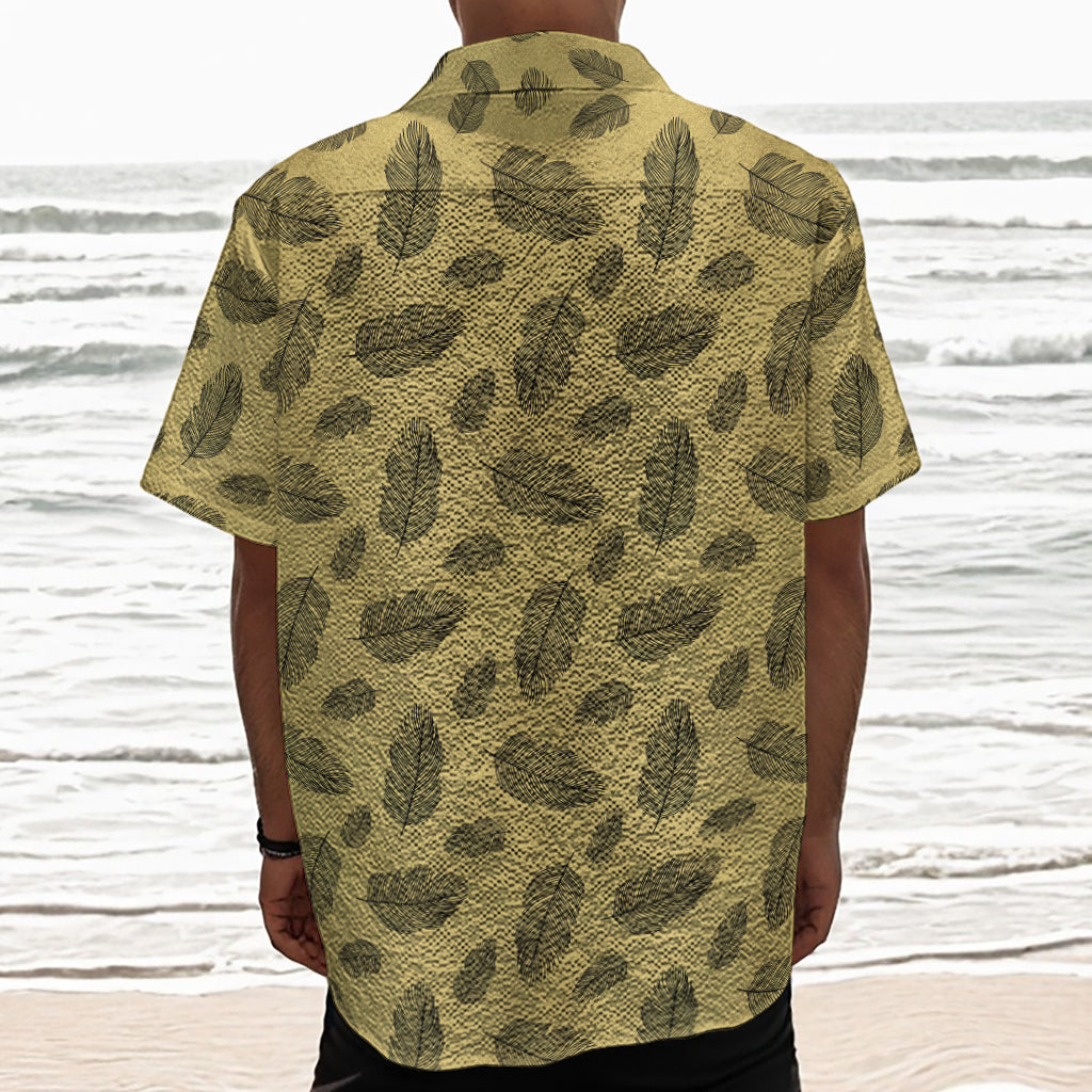 Black And Gold Feather Pattern Print Textured Short Sleeve Shirt