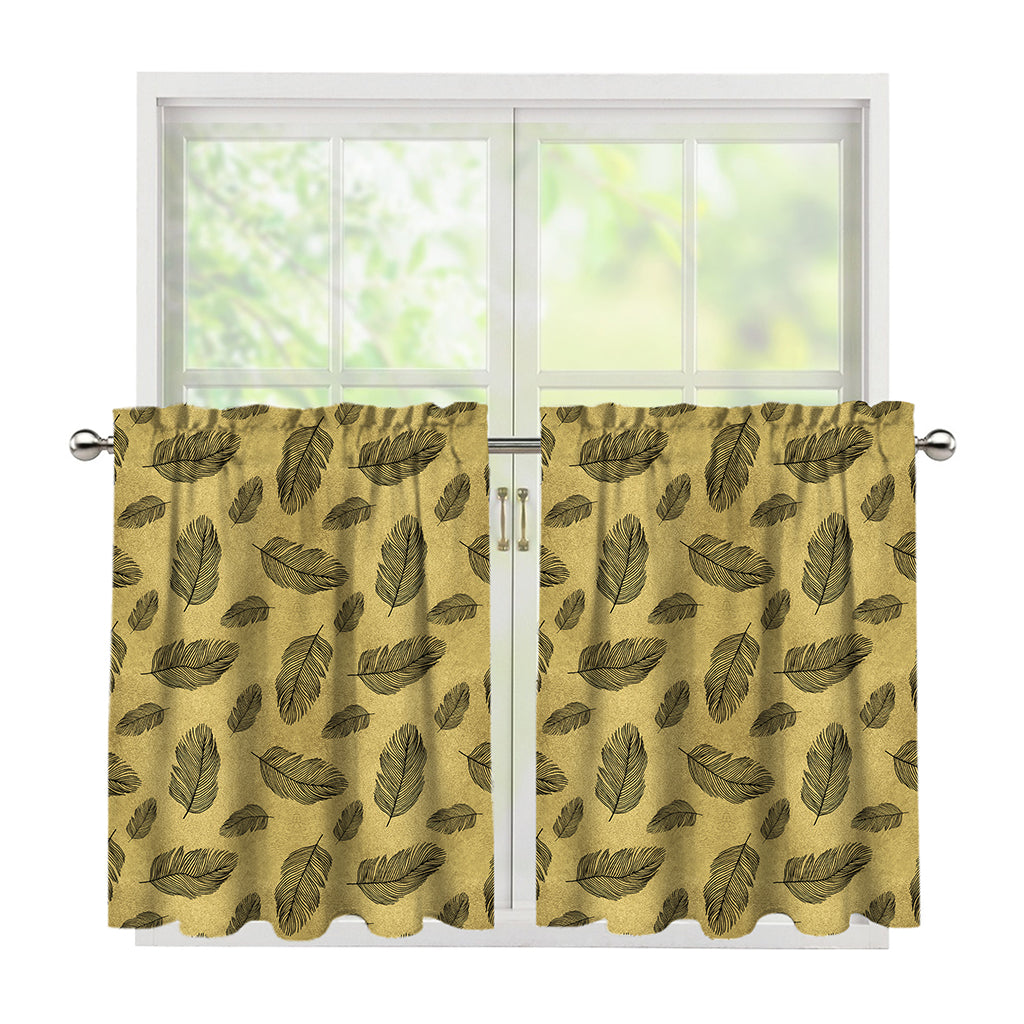 Black And Gold Feather Pattern Print Tier Curtains