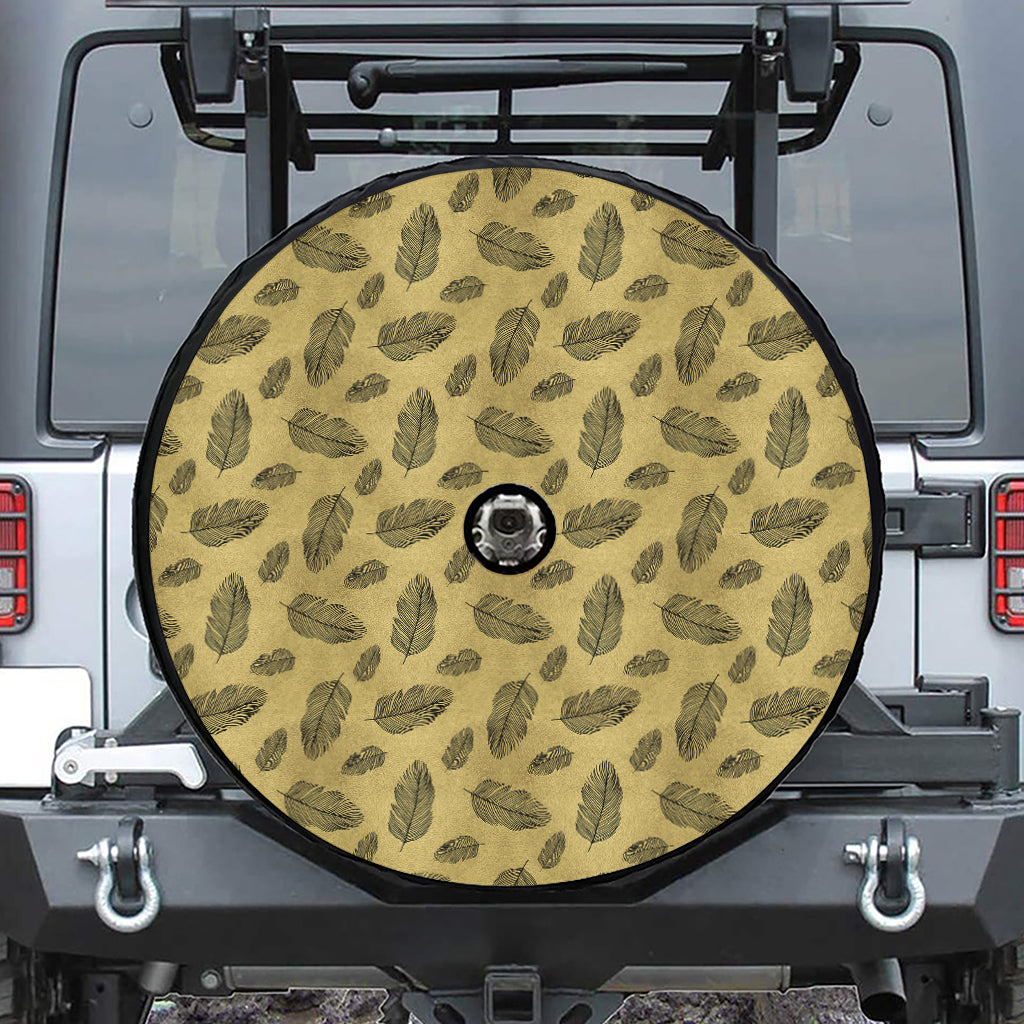Black And Gold Feather Pattern Print Tire Cover With Camera Hole