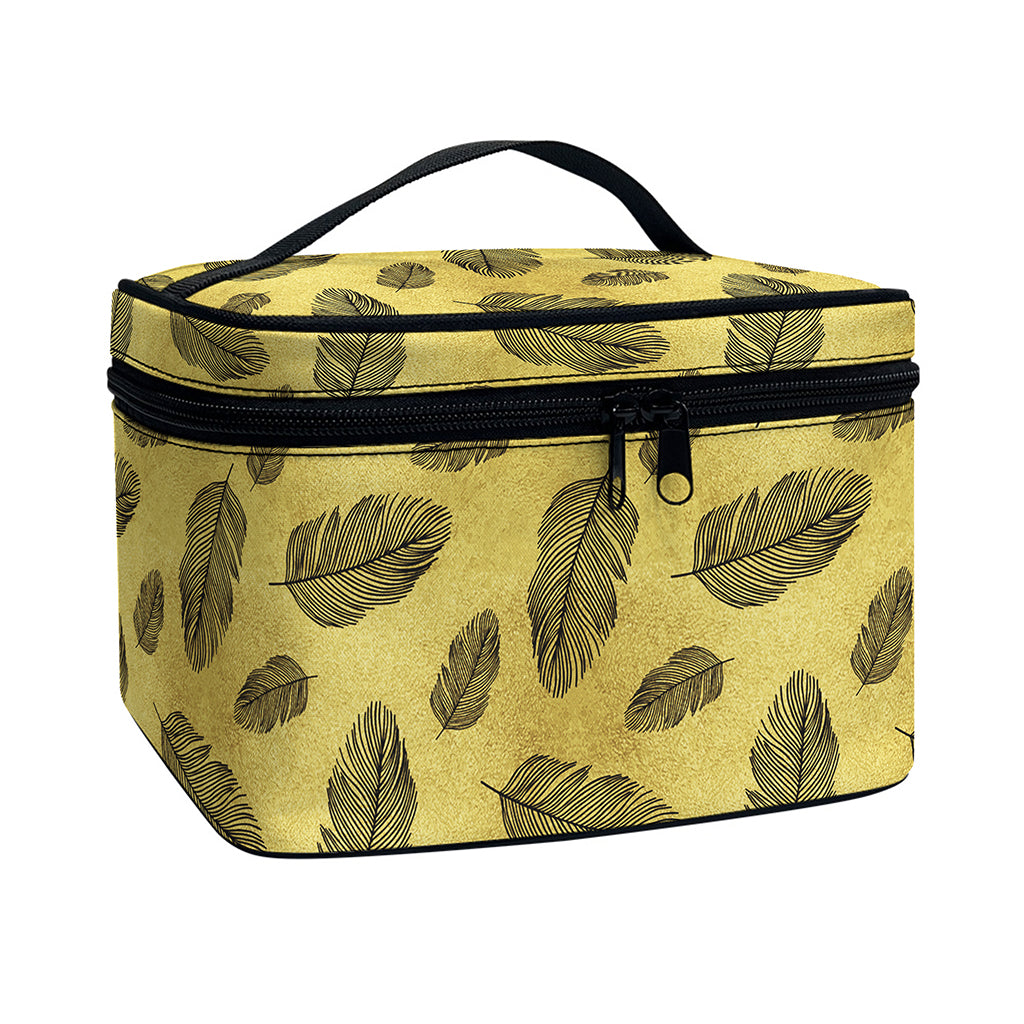 Black And Gold Feather Pattern Print Travel Makeup Bag