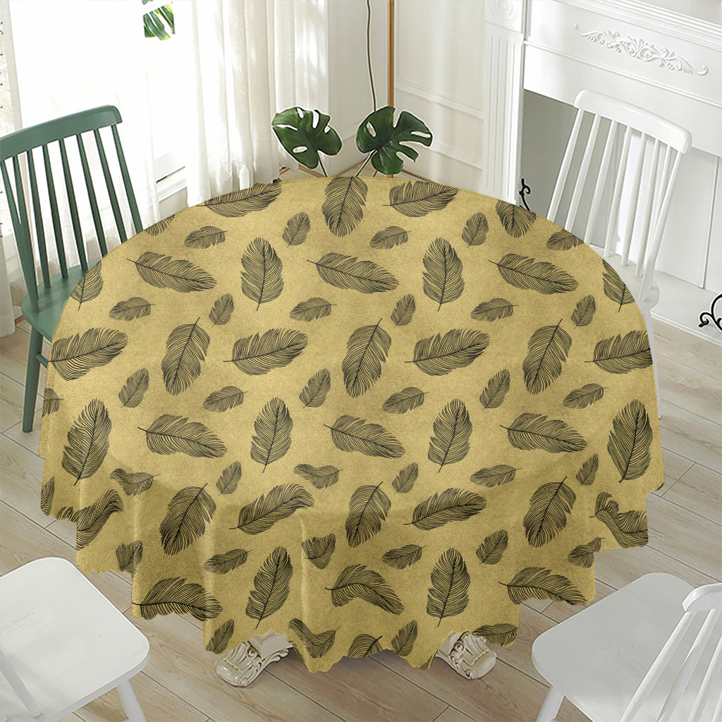 Black And Gold Feather Pattern Print Waterproof Round Tablecloth