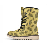Black And Gold Feather Pattern Print Winter Boots