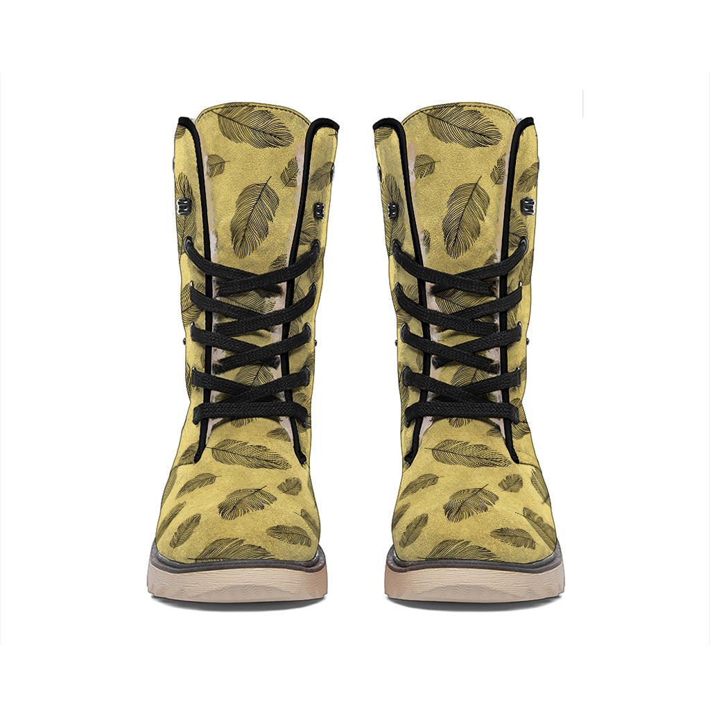 Black And Gold Feather Pattern Print Winter Boots