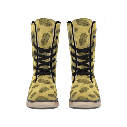 Black And Gold Feather Pattern Print Winter Boots