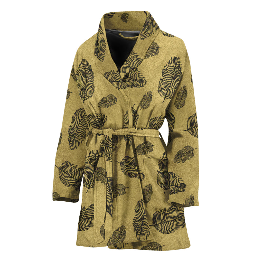 Black And Gold Feather Pattern Print Women's Bathrobe