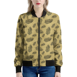 Black And Gold Feather Pattern Print Women's Bomber Jacket