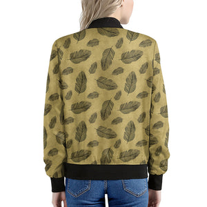 Black And Gold Feather Pattern Print Women's Bomber Jacket