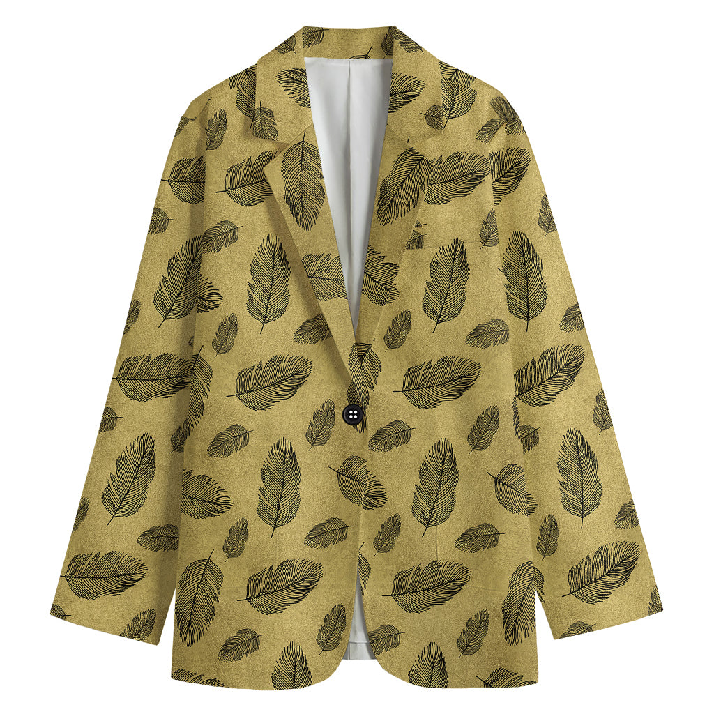 Black And Gold Feather Pattern Print Women's Cotton Blazer