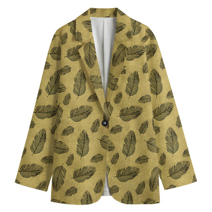 Black And Gold Feather Pattern Print Women's Cotton Blazer