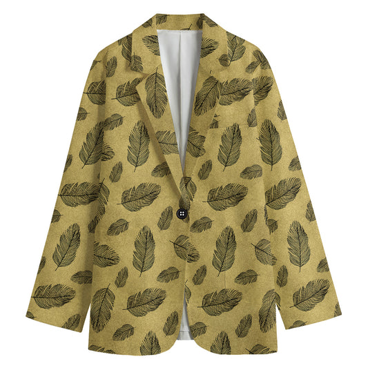 Black And Gold Feather Pattern Print Women's Cotton Blazer