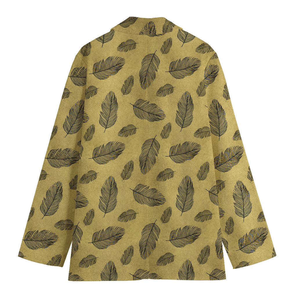 Black And Gold Feather Pattern Print Women's Cotton Blazer