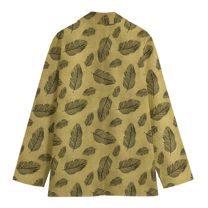 Black And Gold Feather Pattern Print Women's Cotton Blazer